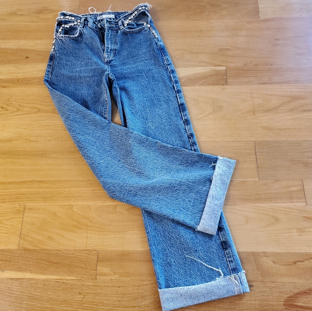 ZARA DIAMANTE STUDS AND CUT OUTS High Waisted Wide LEG JEANS SZ 0